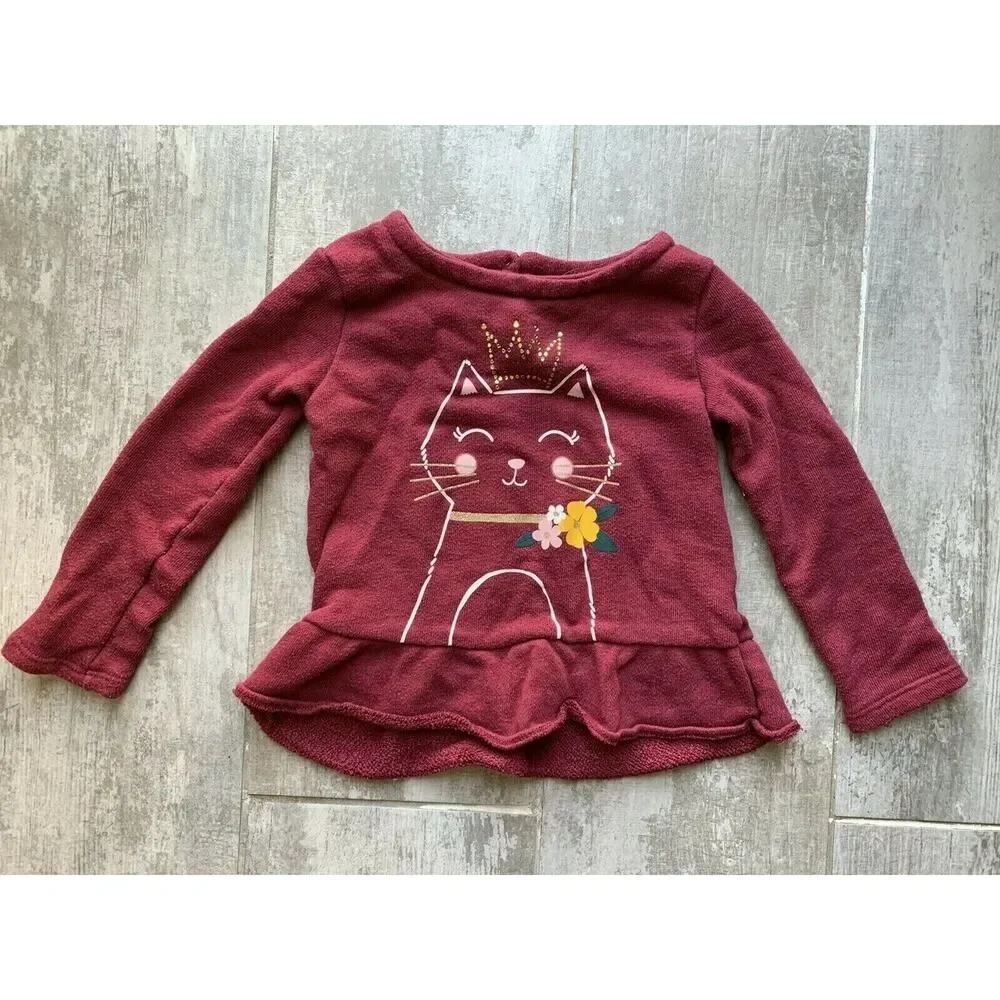 Toddler Girls Kids Sequin Rhinestone Princess Cat Sweater Peplum Top Maroon 4T
